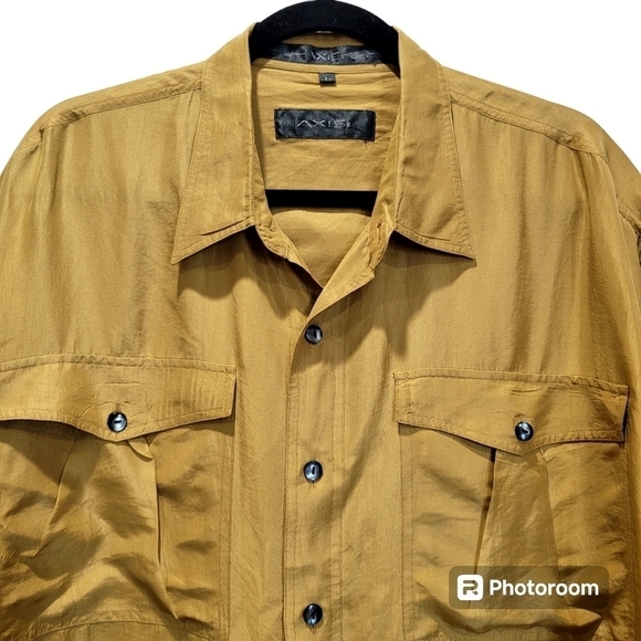 100% Silk Large Men's Gold Dress Shirt Pockets Office Party VCAY - Picture 3 of 11